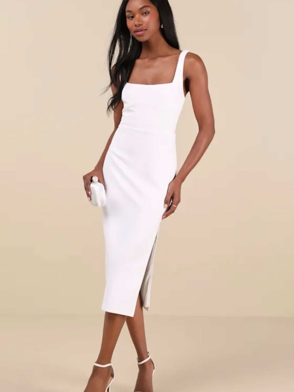 Lulus Vibrant Allure White Square Neck Sleeveless Bodycon Midi Dress Medium NWT